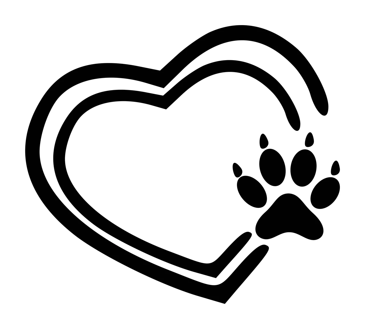 Line Art Illustration of Heart outline with paw print with black heart outline