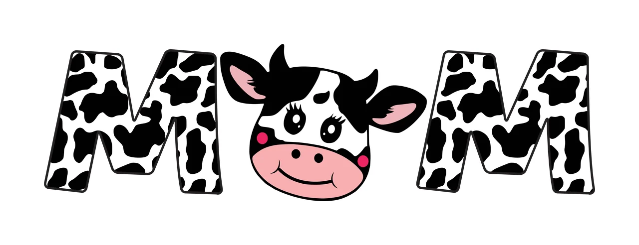 MOM Typography Design with cow print letter M, cartoon cow head, pink snout and horns in black and white