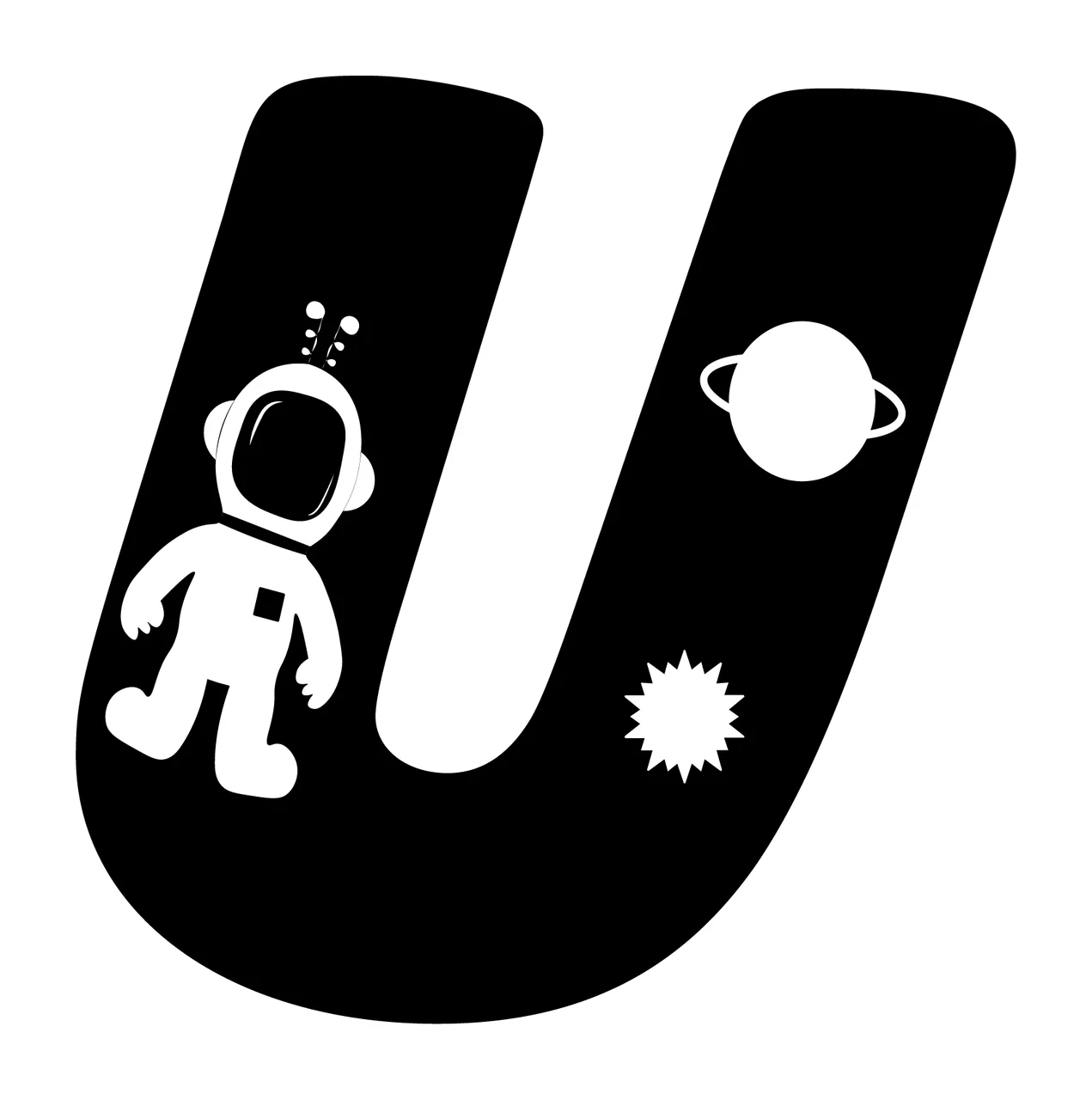 Space U Letter Floating With Astronaut And Planet