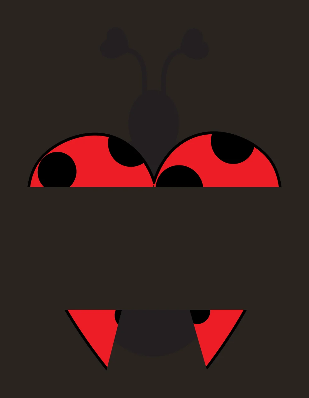 Split ladybug design with red ladybug with black spots, black antennae with heart-shaped tips, black body and red wing covers contrast preview thumbnail