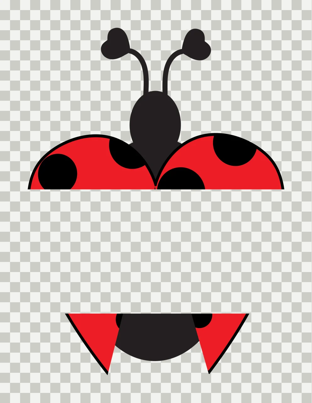 Split ladybug design with red ladybug with black spots, black antennae with heart-shaped tips, black body and red wing covers transparency and detail preview thumbnail