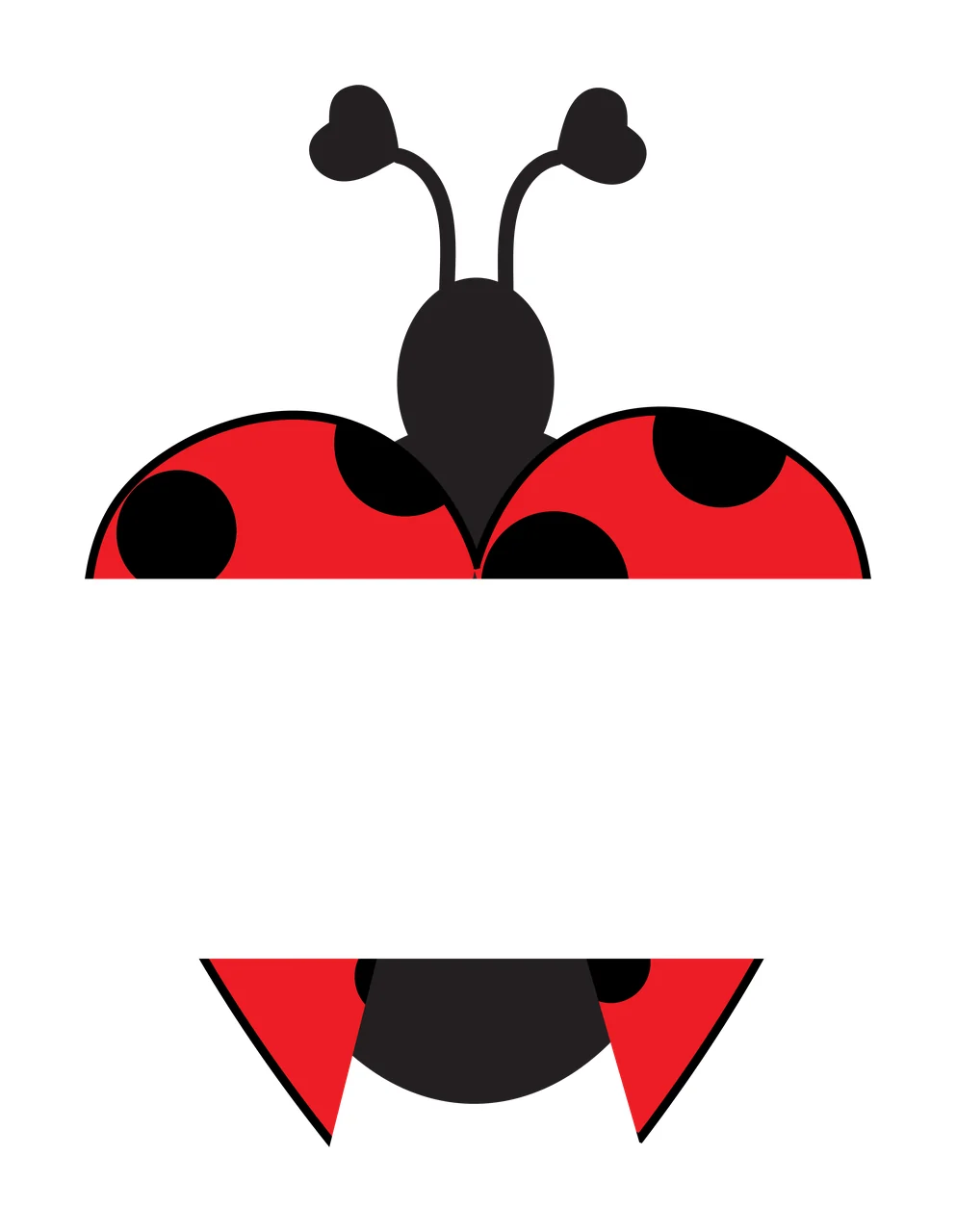 Split ladybug design with red ladybug with black spots, black antennae with heart-shaped tips, black body and red wing covers