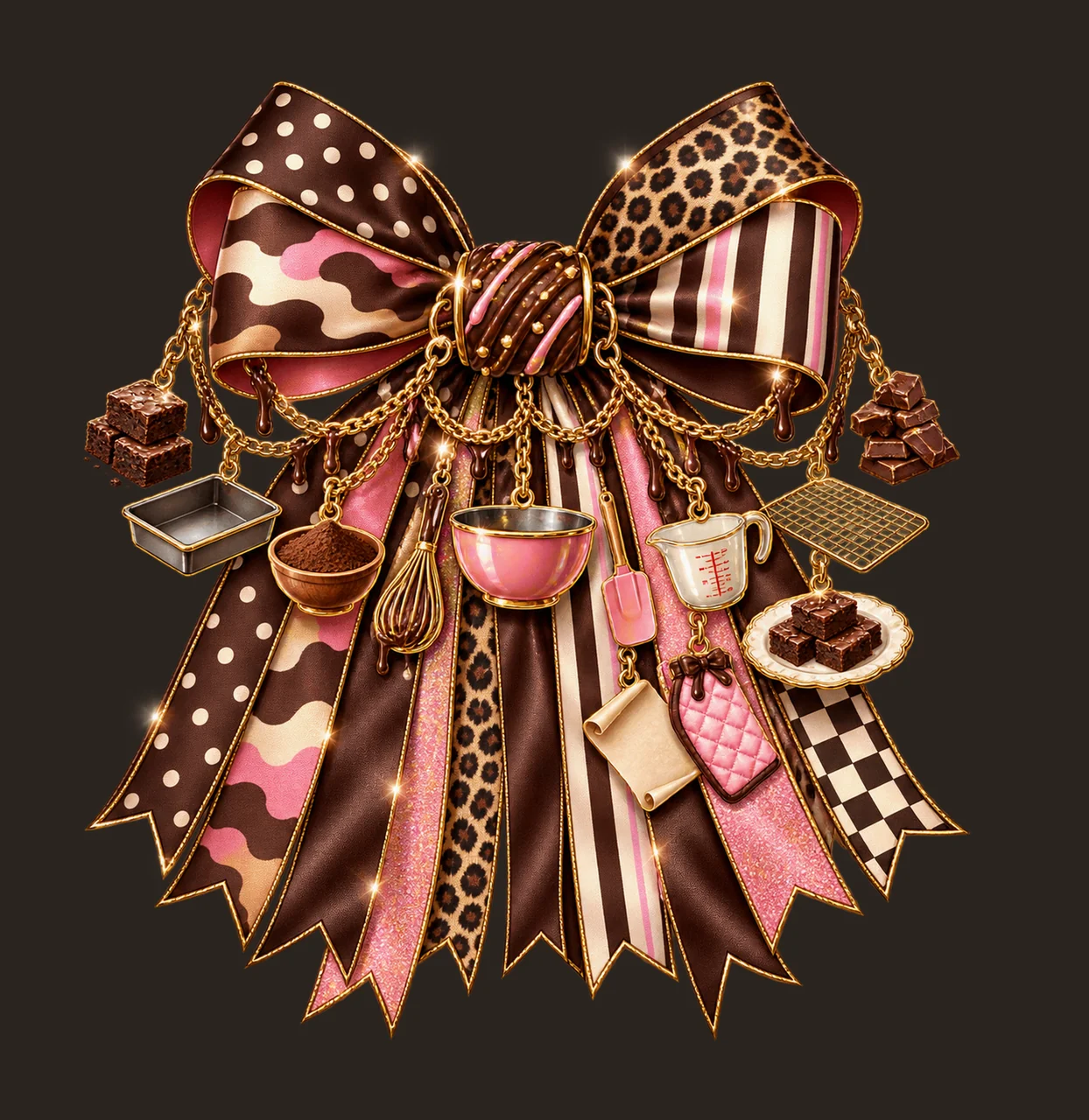 Brownie Baker Bow Charm PNG, Themed Gold Chain Charms, Coquette Ribbon Sublimation Design, Transparent Digital Download contrast preview thumbnail