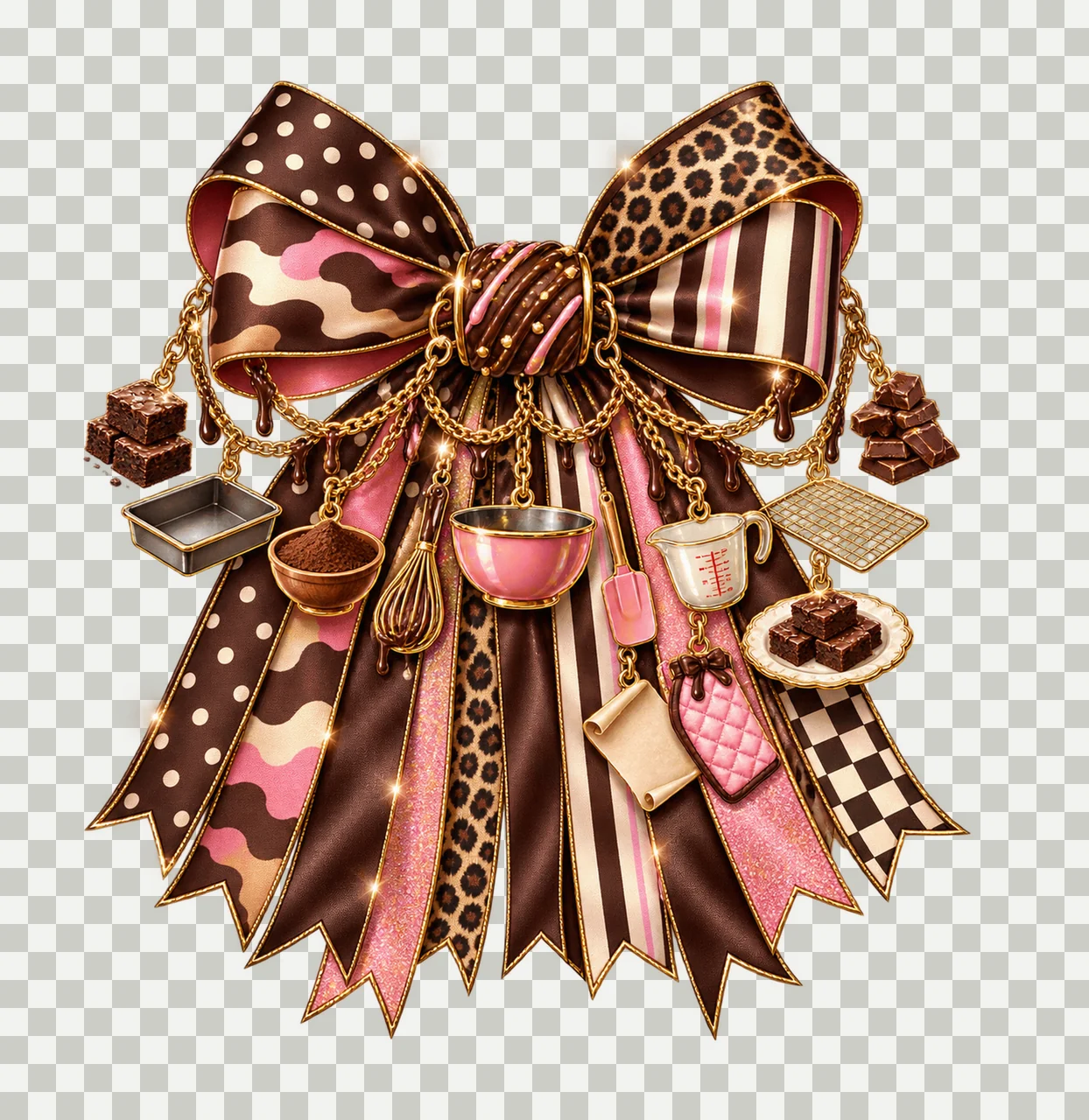 Brownie Baker Bow Charm PNG, Themed Gold Chain Charms, Coquette Ribbon Sublimation Design, Transparent Digital Download transparency and detail preview thumbnail