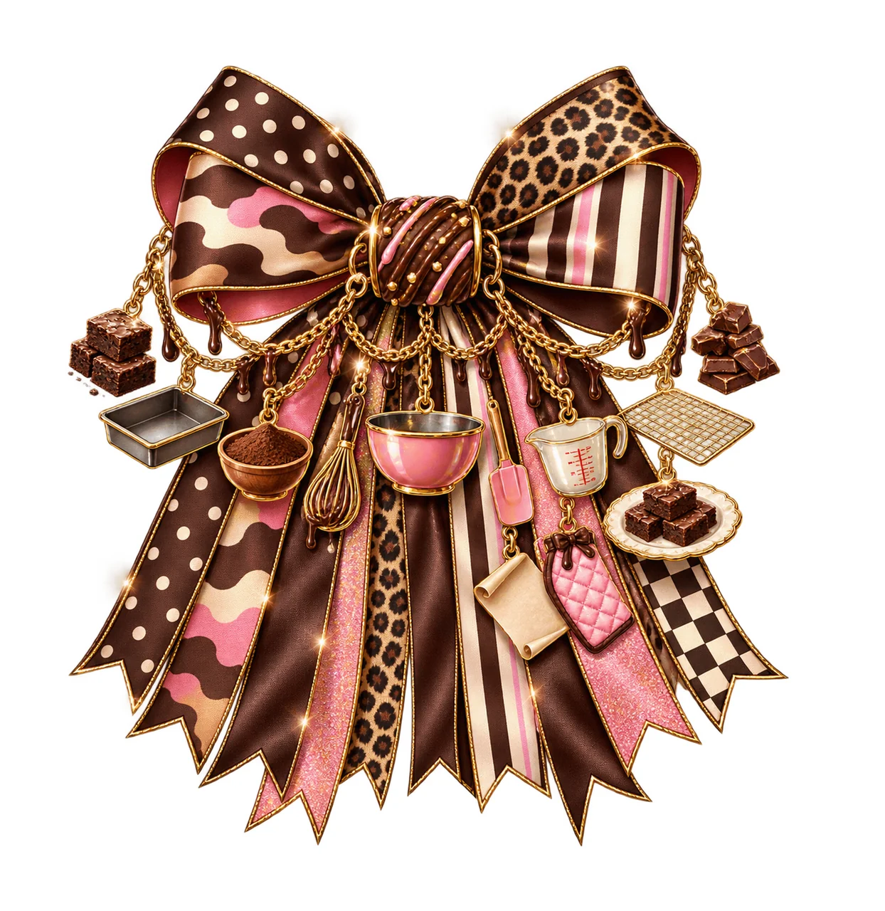 Brownie Baker Bow Charm PNG, Themed Gold Chain Charms, Coquette Ribbon Sublimation Design, Transparent Digital Download