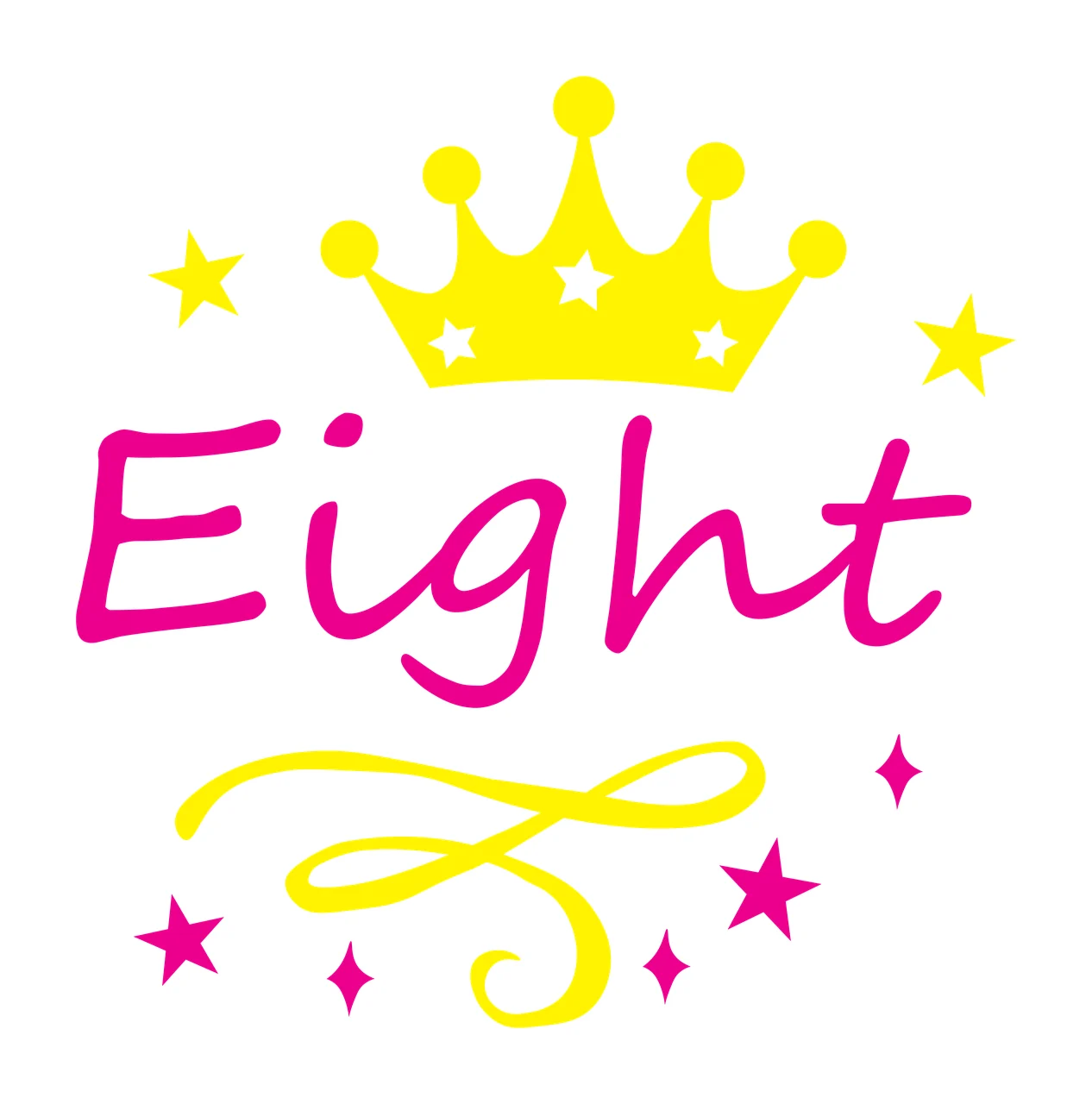 Eight Typography Design with yellow crown, white stars and pink stars