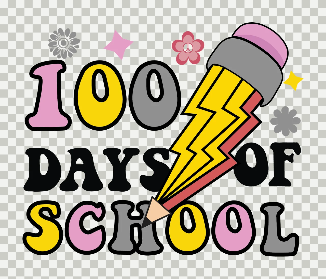 100 Days Of School Graphic pencil flowers stars black white transparency and detail preview thumbnail