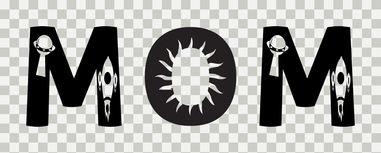 MOM Typography Design with letter M, ringed planet, rocket ship and sunburst in black and white transparency and detail preview thumbnail