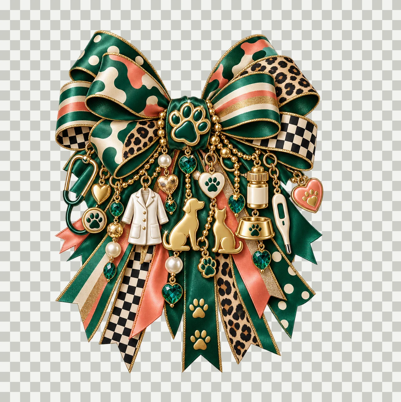 Veterinarian Bow Charm PNG, Themed Gold Chain Charms, Coquette Ribbon Sublimation Design, Transparent Digital Download transparency and detail preview thumbnail
