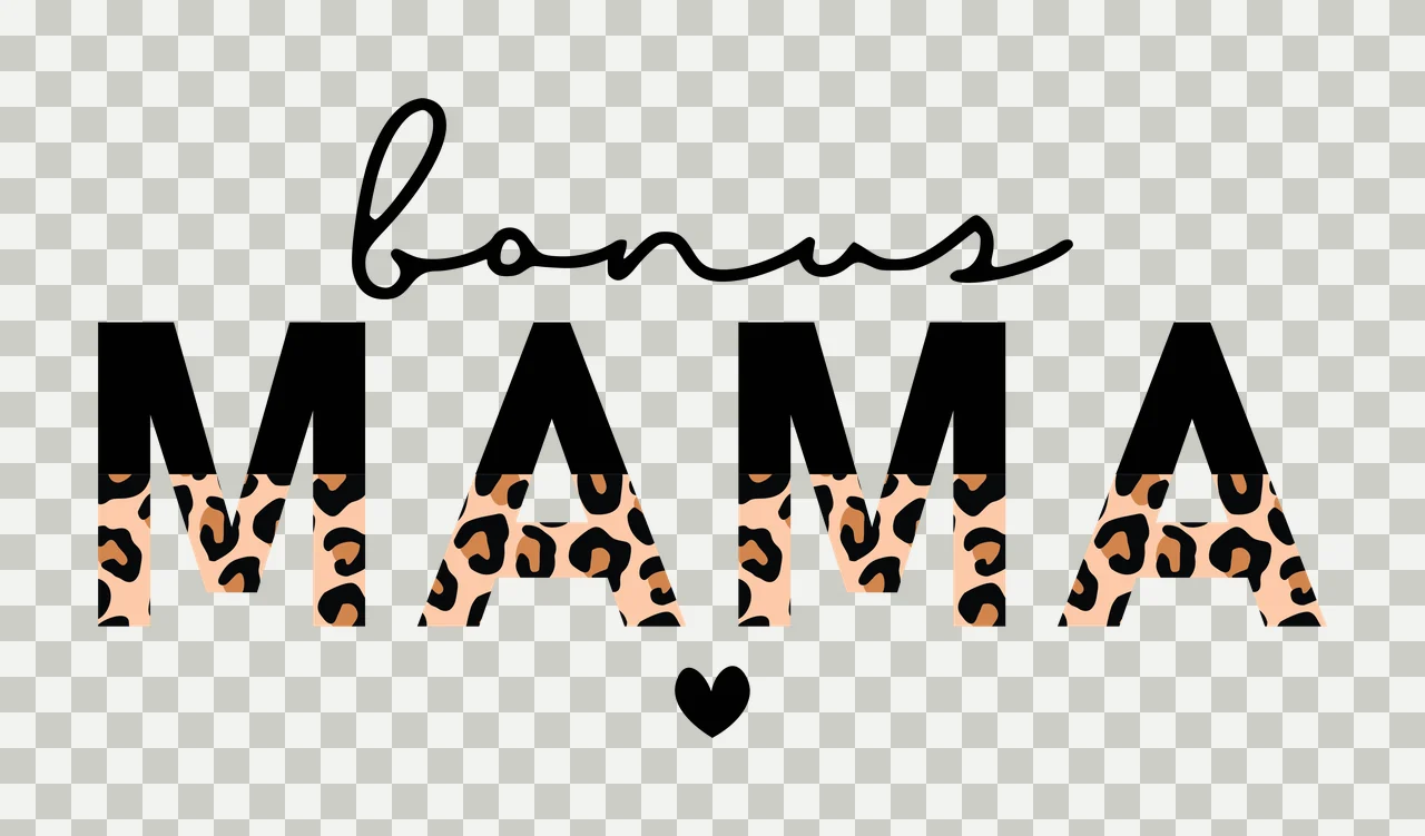 Bonus MAMA Typography Design with cursive script font, block letters, leopard print pattern and heart icon in black, tan and brown transparency and detail preview thumbnail