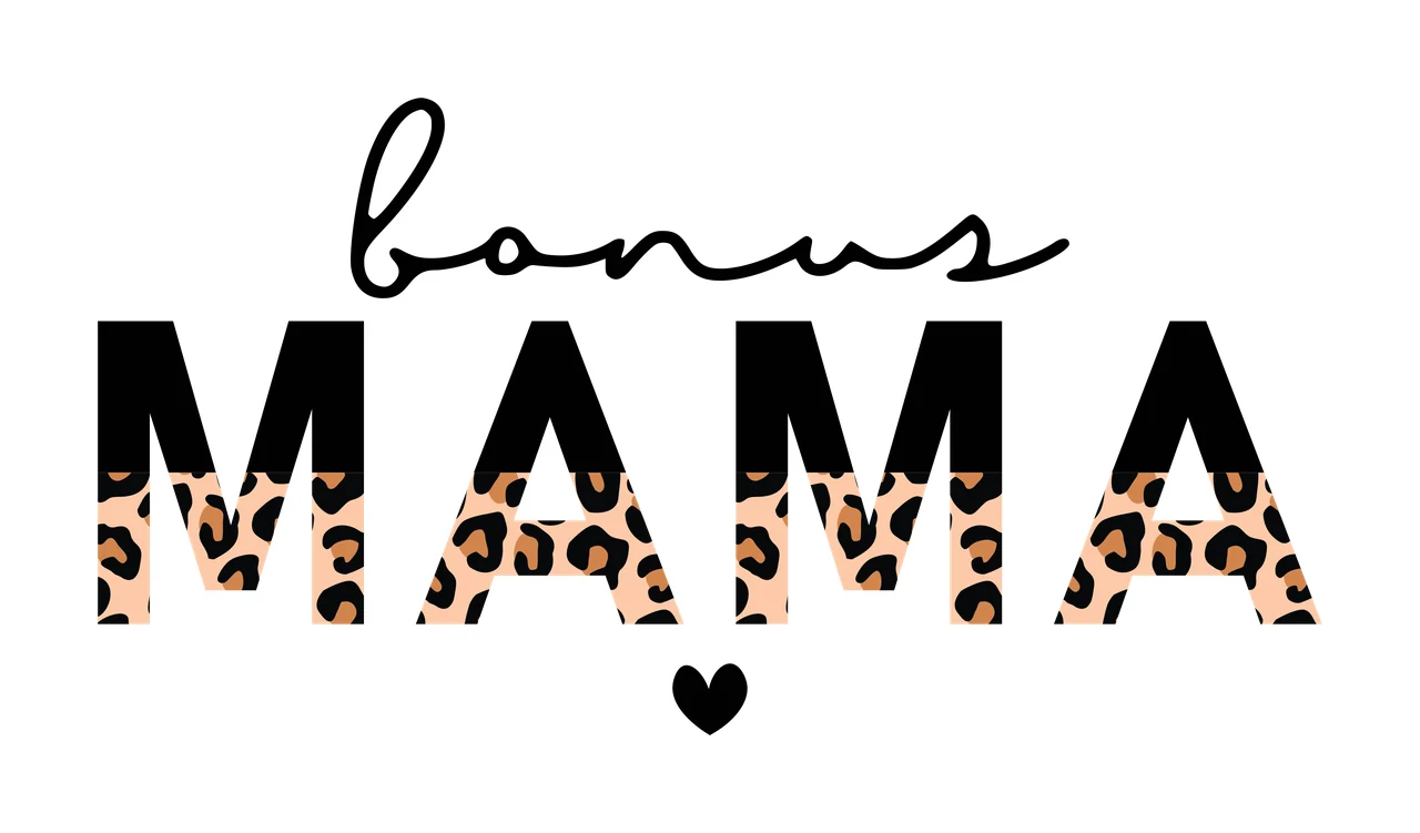 Bonus MAMA Typography Design with cursive script font, block letters, leopard print pattern and heart icon in black, tan and brown