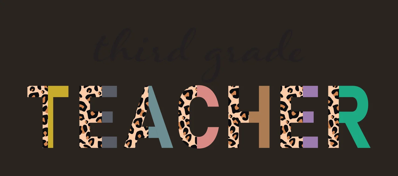 Third grade TEACHER typography with cursive script text, leopard print pattern, block capital letters and split pattern letters in black, tan and gold contrast preview thumbnail