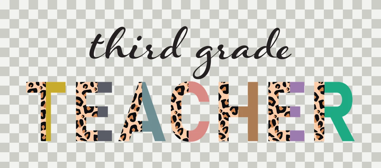 Third grade TEACHER typography with cursive script text, leopard print pattern, block capital letters and split pattern letters in black, tan and gold transparency and detail preview thumbnail