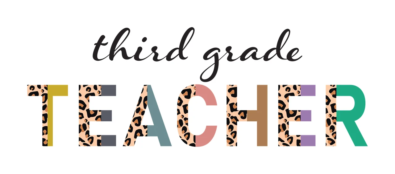 Third grade TEACHER typography with cursive script text, leopard print pattern, block capital letters and split pattern letters in black, tan and gold