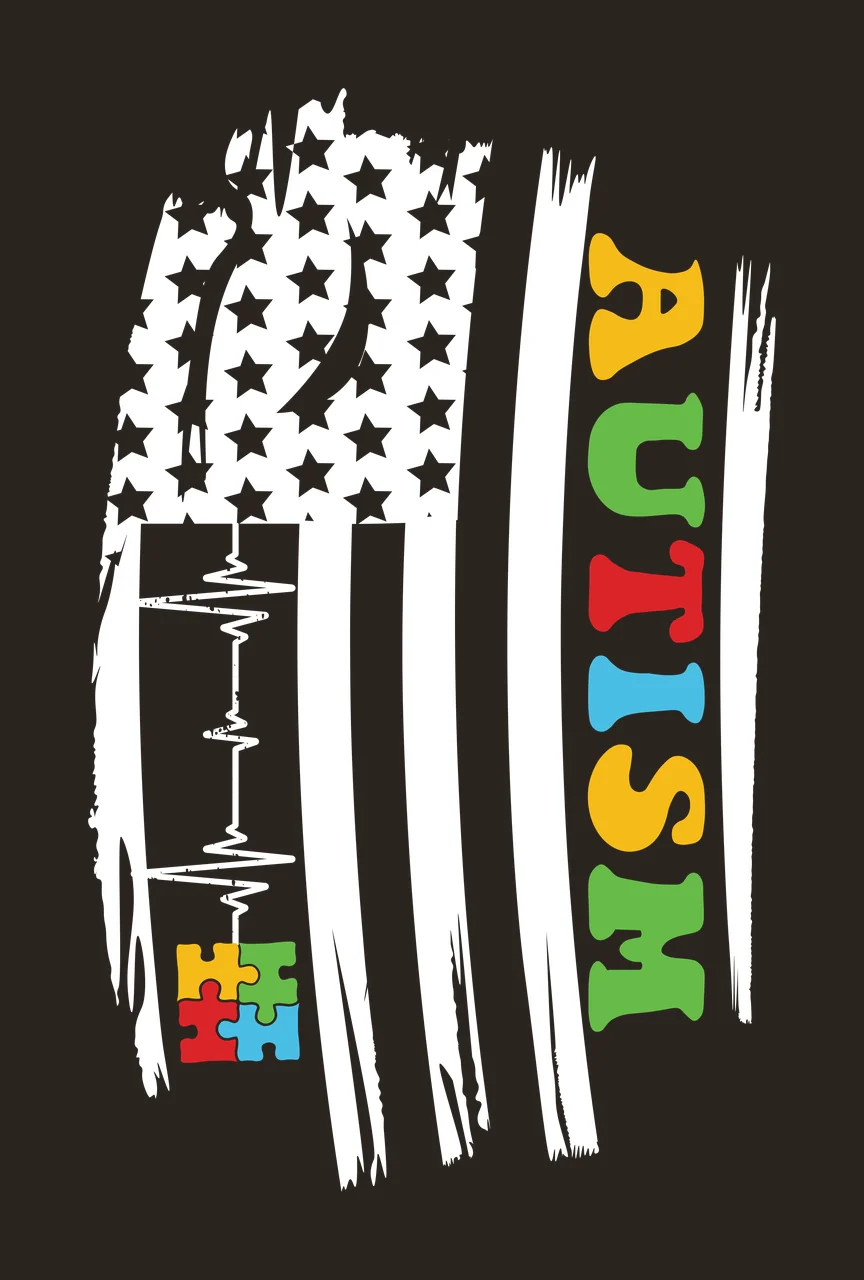AUTISM Typography Design with vertical 'AUTISM' text and four interlocking puzzle pieces in yellow, green and red contrast preview thumbnail
