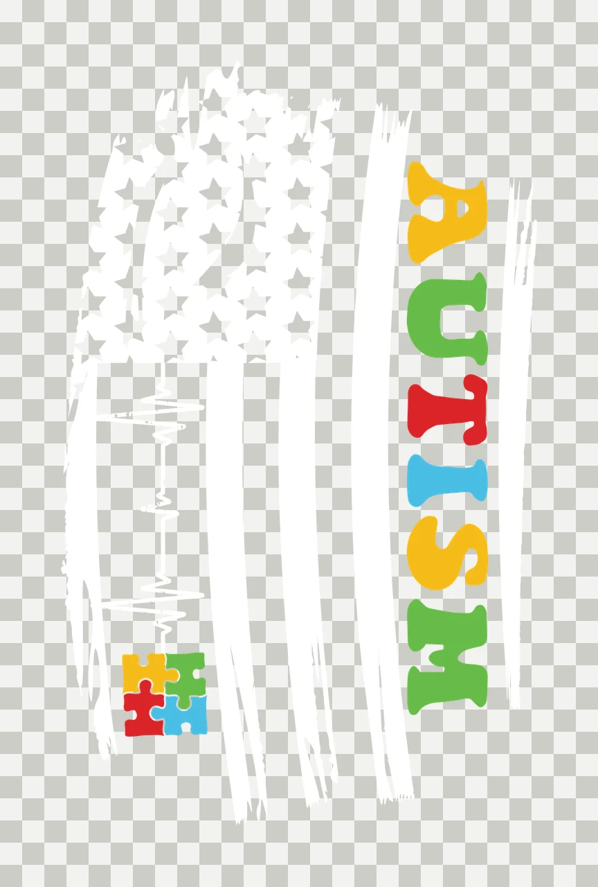 AUTISM Typography Design with vertical 'AUTISM' text and four interlocking puzzle pieces in yellow, green and red transparency and detail preview thumbnail