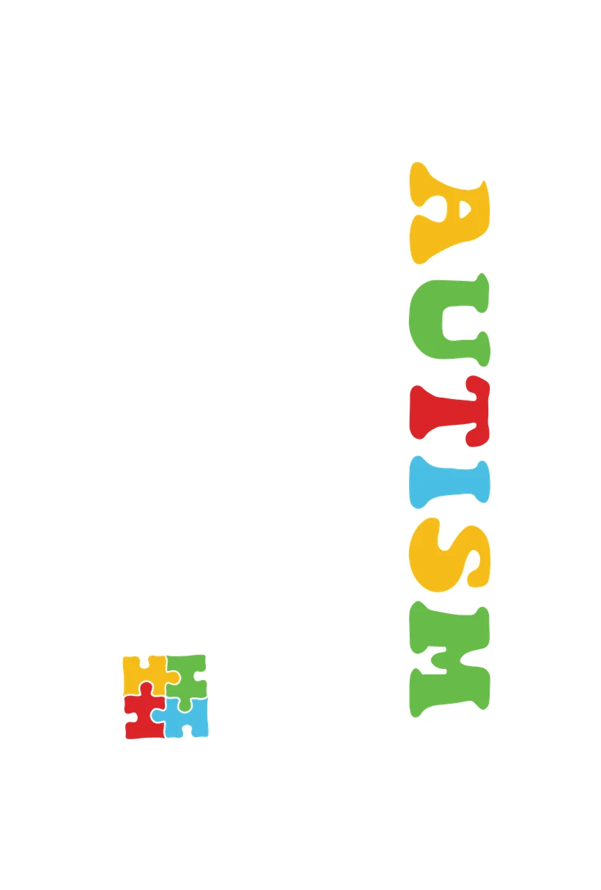 AUTISM Typography Design with vertical 'AUTISM' text and four interlocking puzzle pieces in yellow, green and red