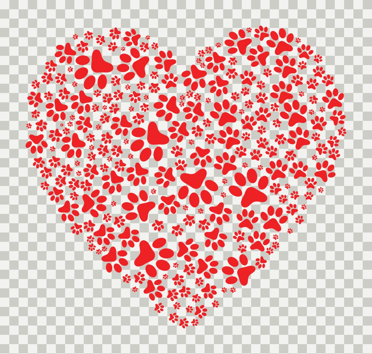Heart shape made from paw prints Illustration with red heart and small dots in white transparency and detail preview thumbnail