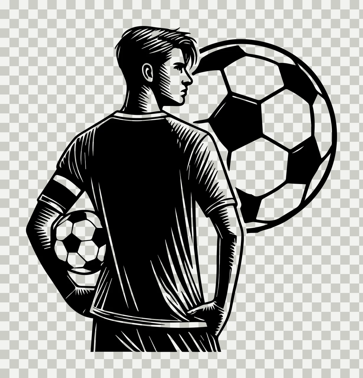 Soccer Ball Player Beside Large standing silhouette black white transparency and detail preview thumbnail