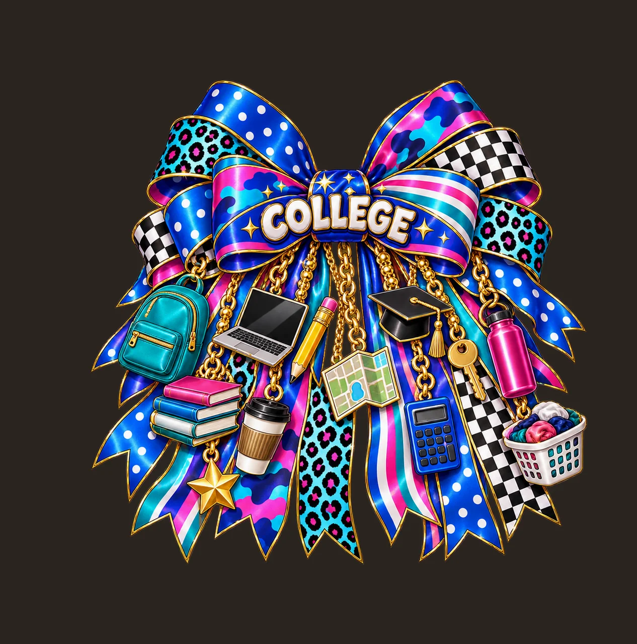 College Student Bow Charm PNG, Gold Chain Charms, Transparent Sublimation Design, Digital Download contrast preview thumbnail