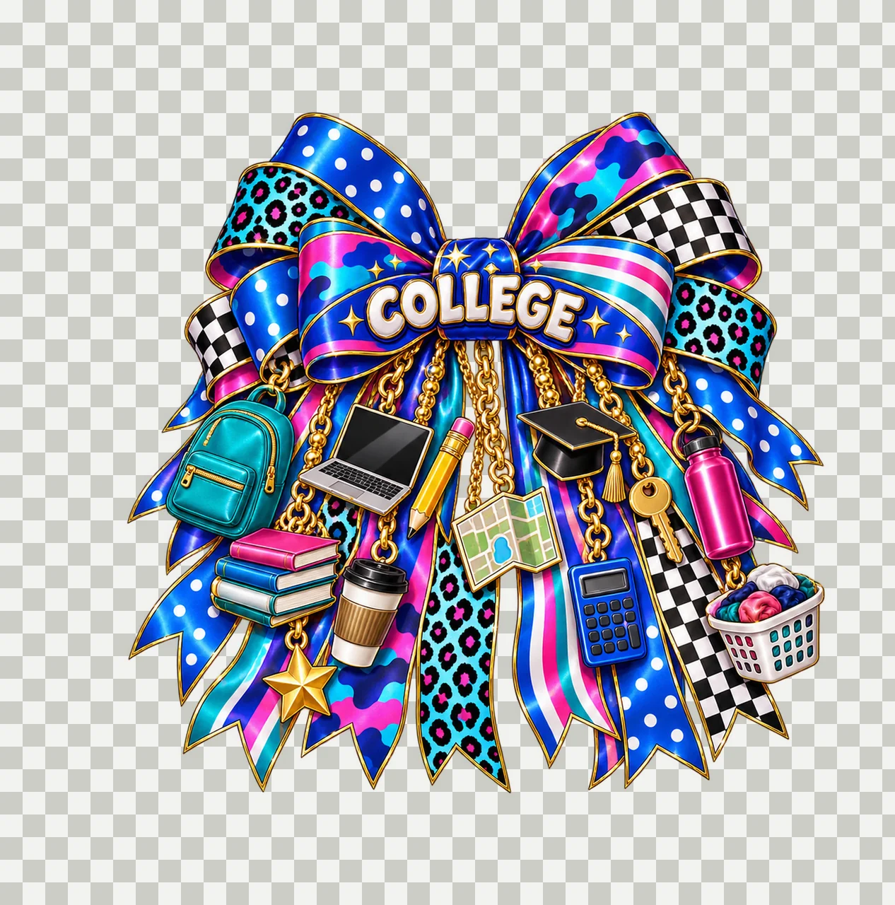 College Student Bow Charm PNG, Gold Chain Charms, Transparent Sublimation Design, Digital Download transparency and detail preview thumbnail