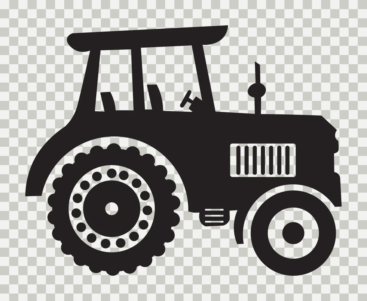 Silhouette Design of Tractor with tractor body, detailed rear wheel, front wheel and cab in black and white transparency and detail preview thumbnail