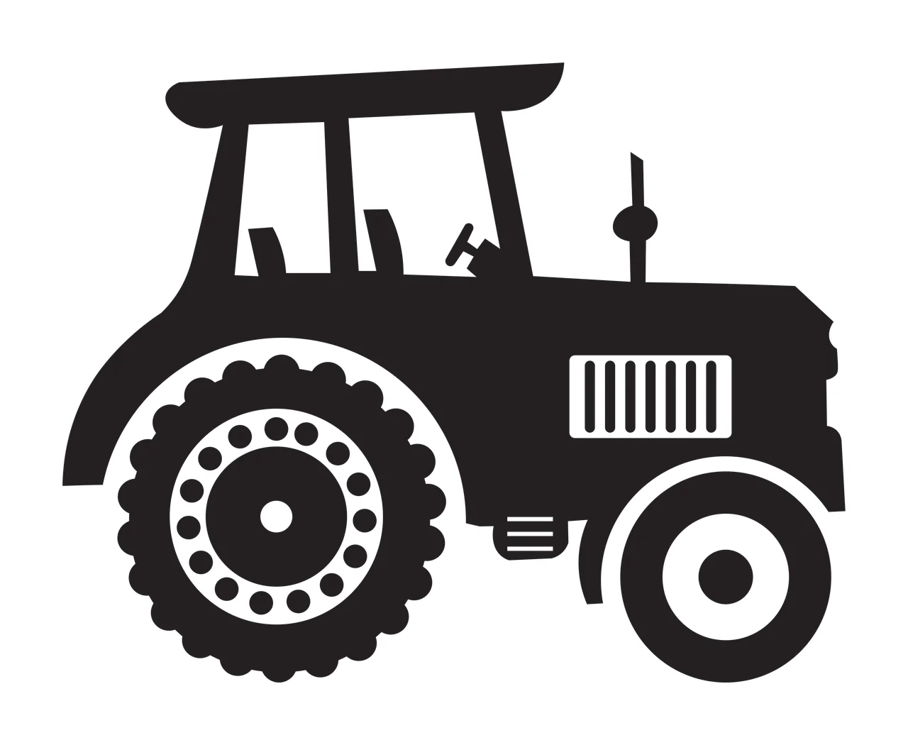 Silhouette Design of Tractor with tractor body, detailed rear wheel, front wheel and cab in black and white