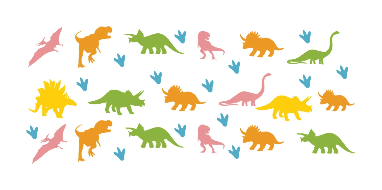 Silhouette Design of dinosaur silhouettes pattern with dinosaur footprints, dinosaur tracks, tyrannosaurus and triceratops in pink, orange and green