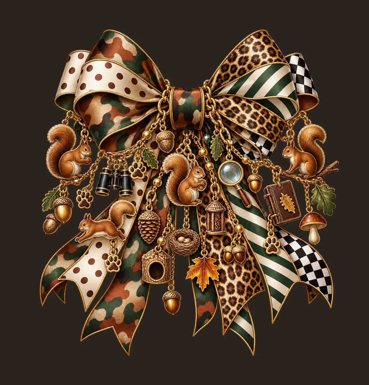 Squirrel Lover Bow Charm PNG, Themed Gold Chain Charms, Coquette Ribbon Sublimation Design, Transparent Digital Download contrast preview thumbnail