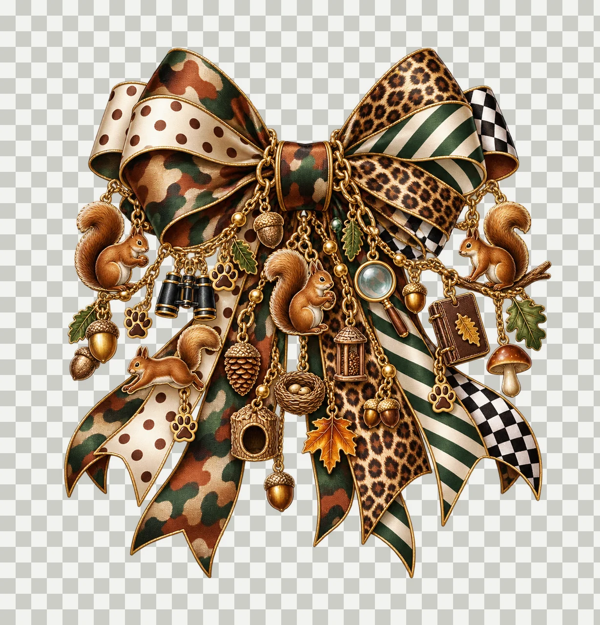 Squirrel Lover Bow Charm PNG, Themed Gold Chain Charms, Coquette Ribbon Sublimation Design, Transparent Digital Download transparency and detail preview thumbnail