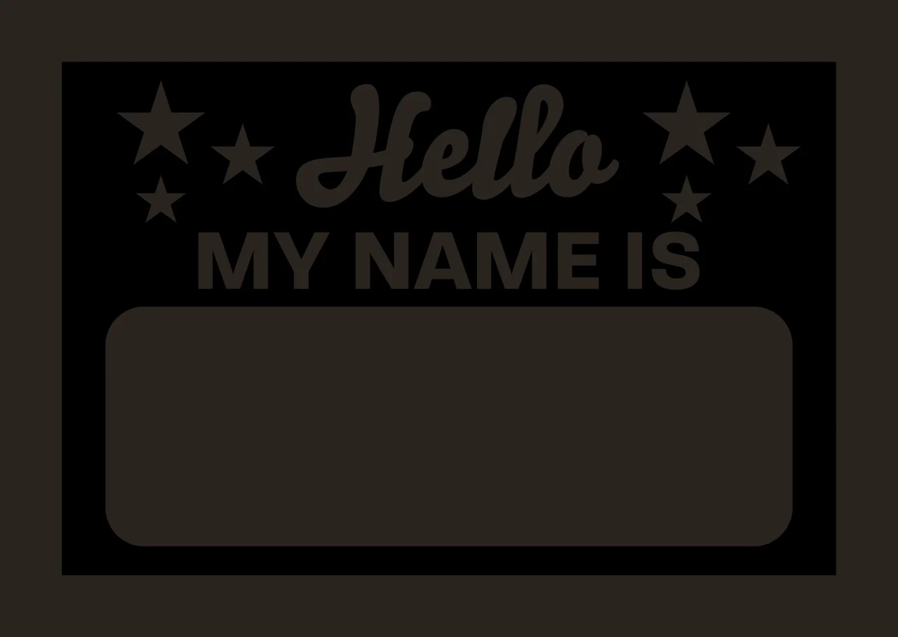 Hello MY NAME IS name tag Design with rectangle, script text, bold sans-serif text and five-pointed stars in black and white contrast preview thumbnail