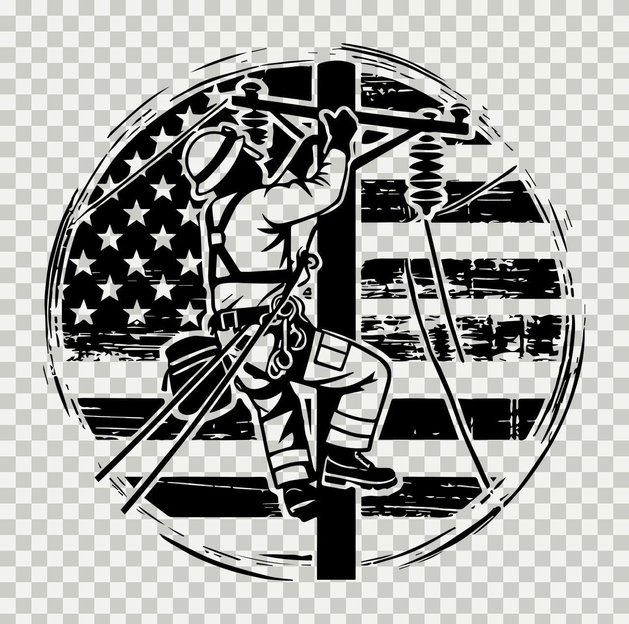 Lineman On Pole And Flag working wires circle monochrome illustration transparency and detail preview thumbnail