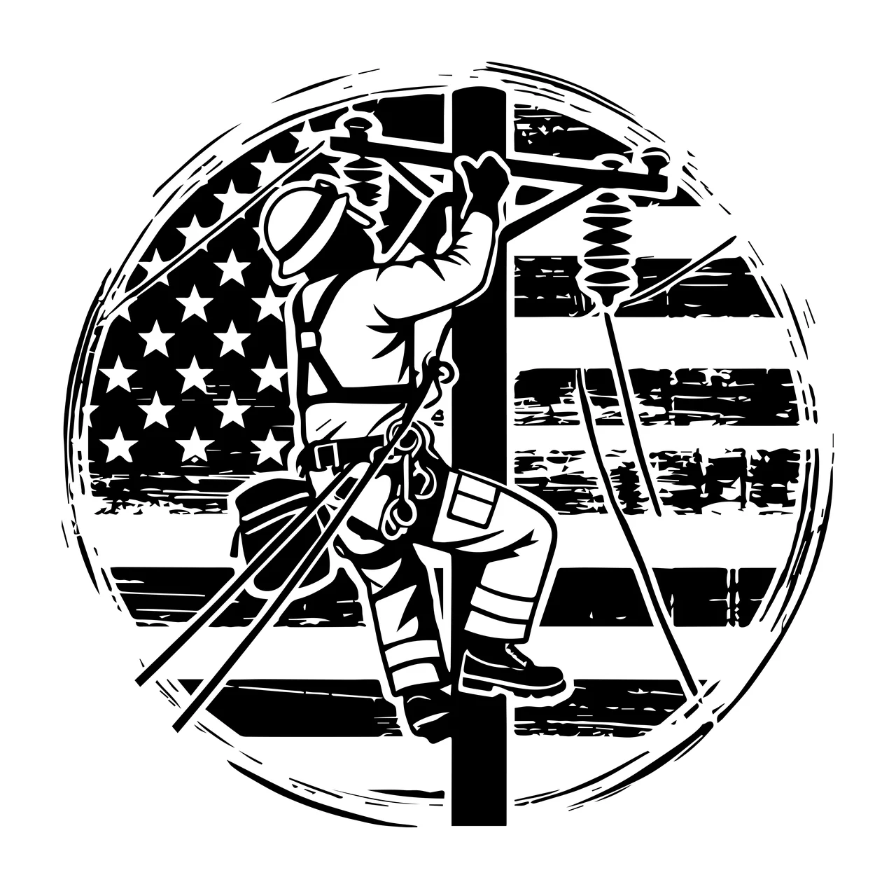 Lineman On Pole And Flag working wires circle monochrome illustration