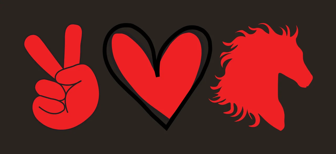 Peace sign, heart, and horse head silhouette Illustration with red peace sign and red heart with black outline in white contrast preview thumbnail