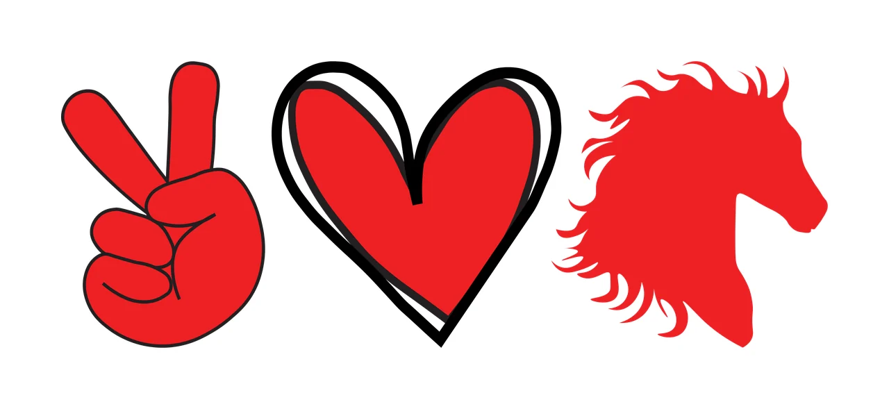 Peace sign, heart, and horse head silhouette Illustration with red peace sign and red heart with black outline in white