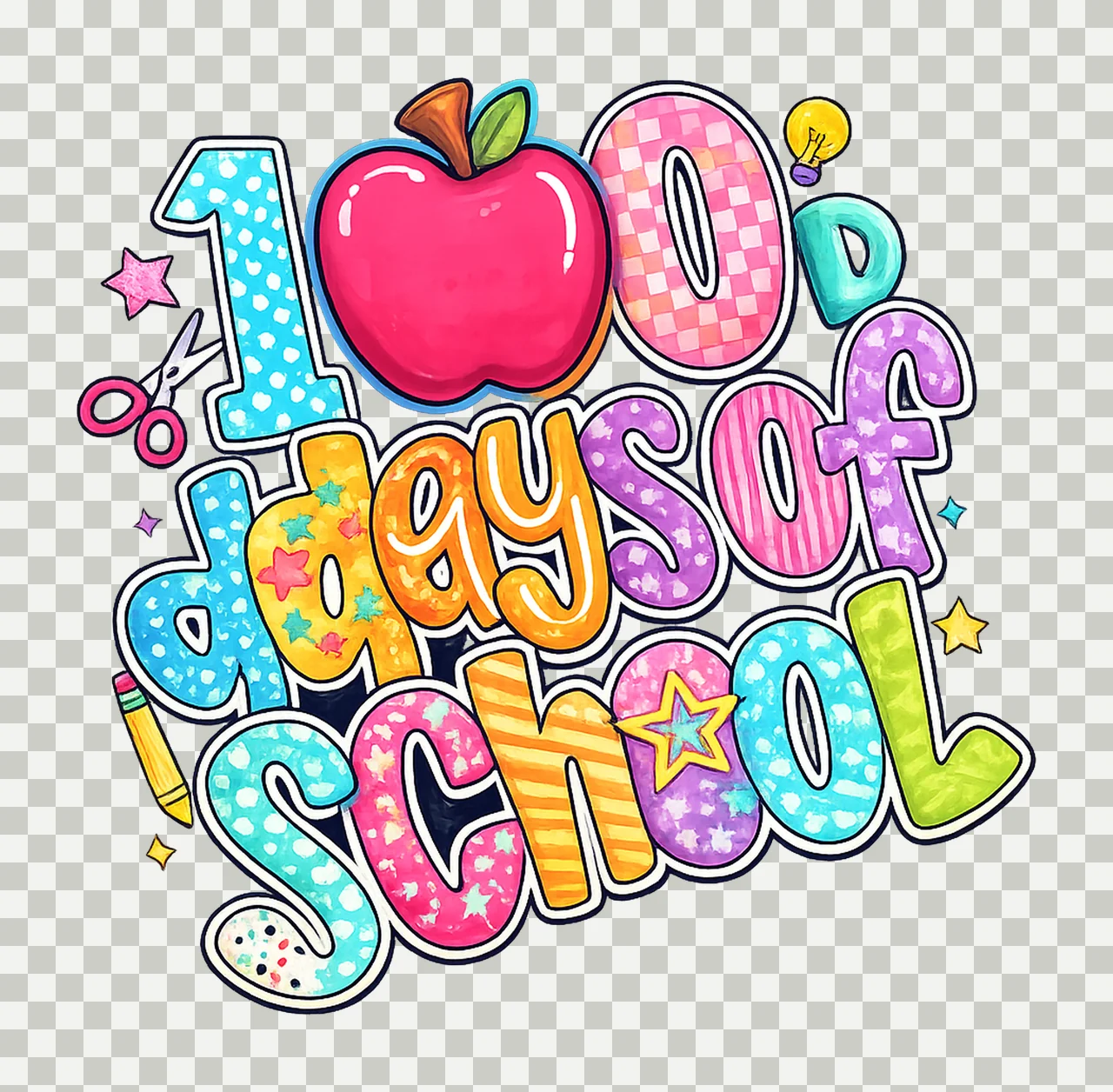 100 Days Of School Pink Apple Doodle Letters Retro School transparency and detail preview thumbnail