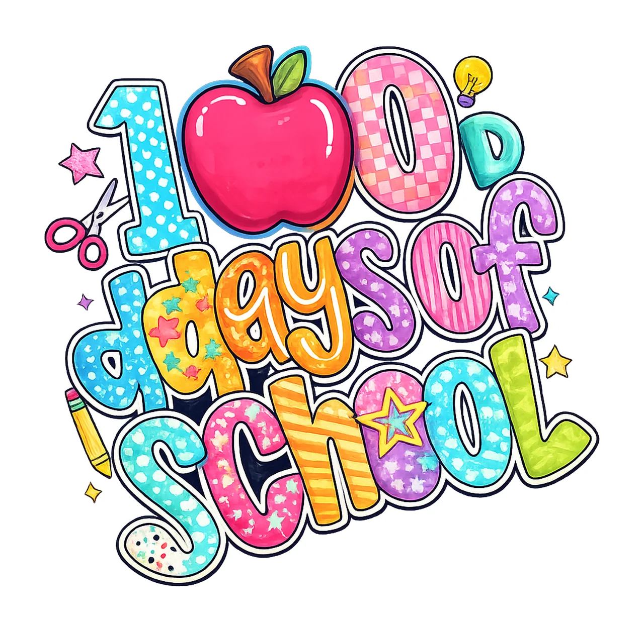 100 Days Of School Pink Apple Doodle Letters Retro School