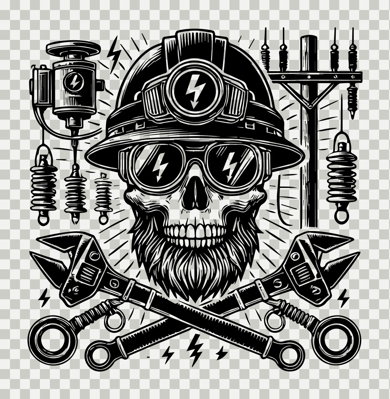 Line Skull Wearing Hard Hat And Goggles headgear beard wrenches transparency and detail preview thumbnail
