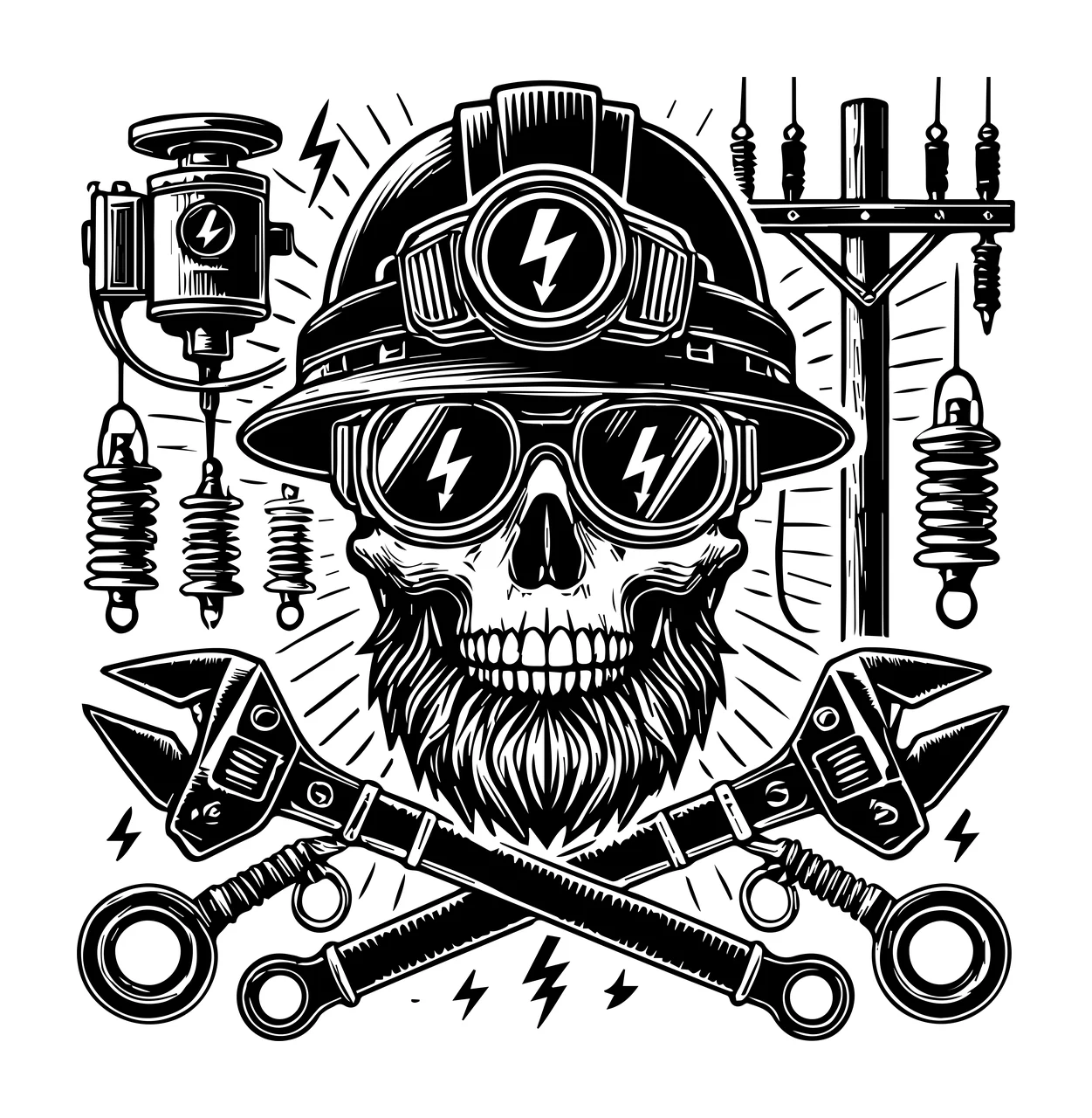 Line Skull Wearing Hard Hat And Goggles headgear beard wrenches