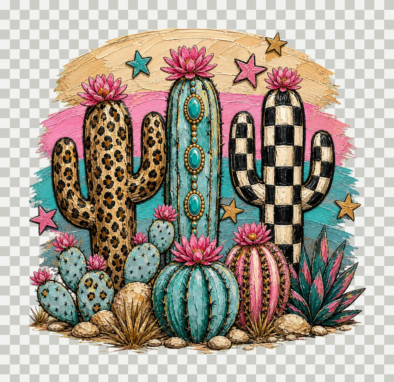 Leopard Checkerboard Western Cactus Faux Oil Variation E transparency and detail preview thumbnail