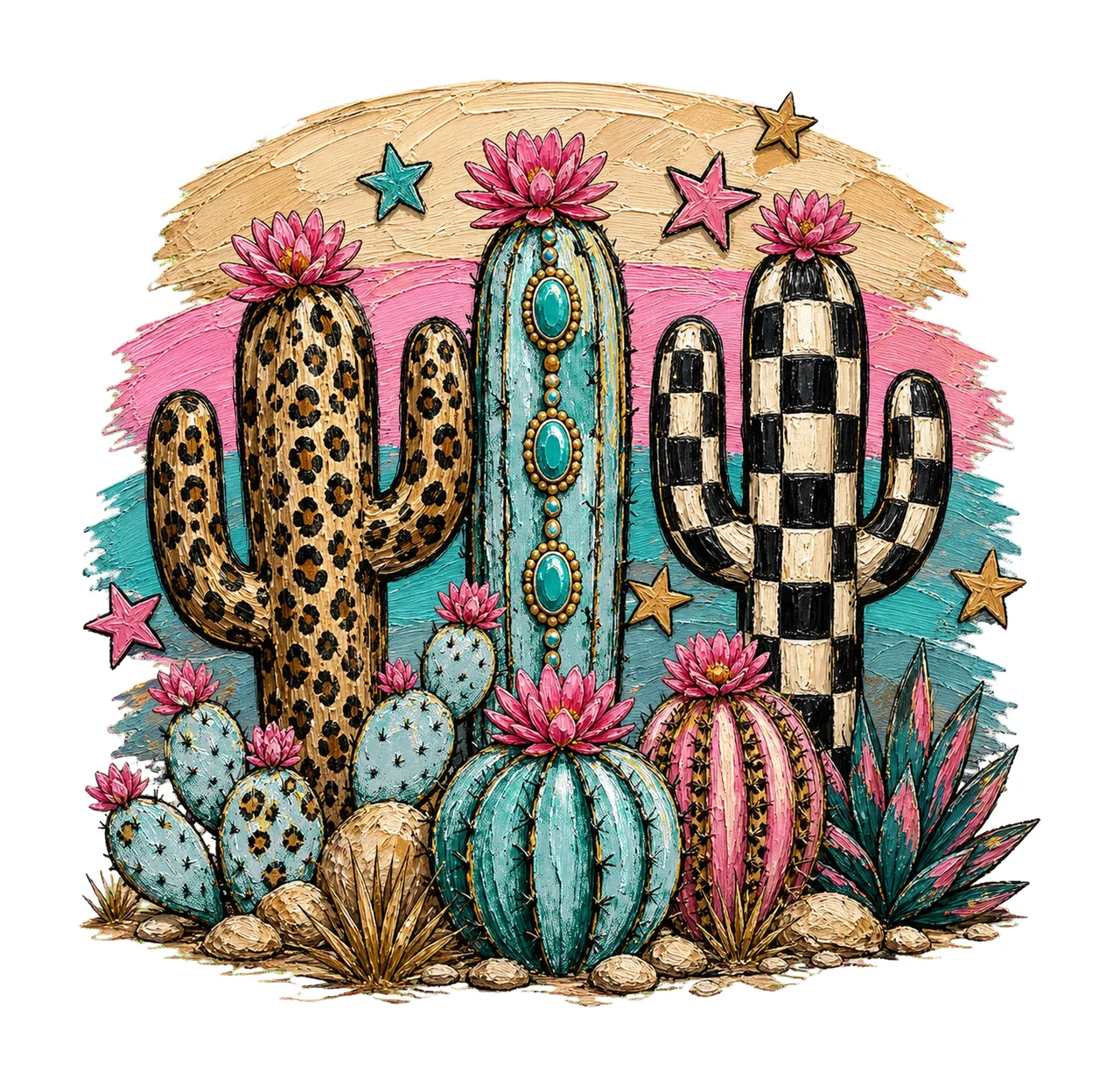 Leopard Checkerboard Western Cactus Faux Oil Variation E