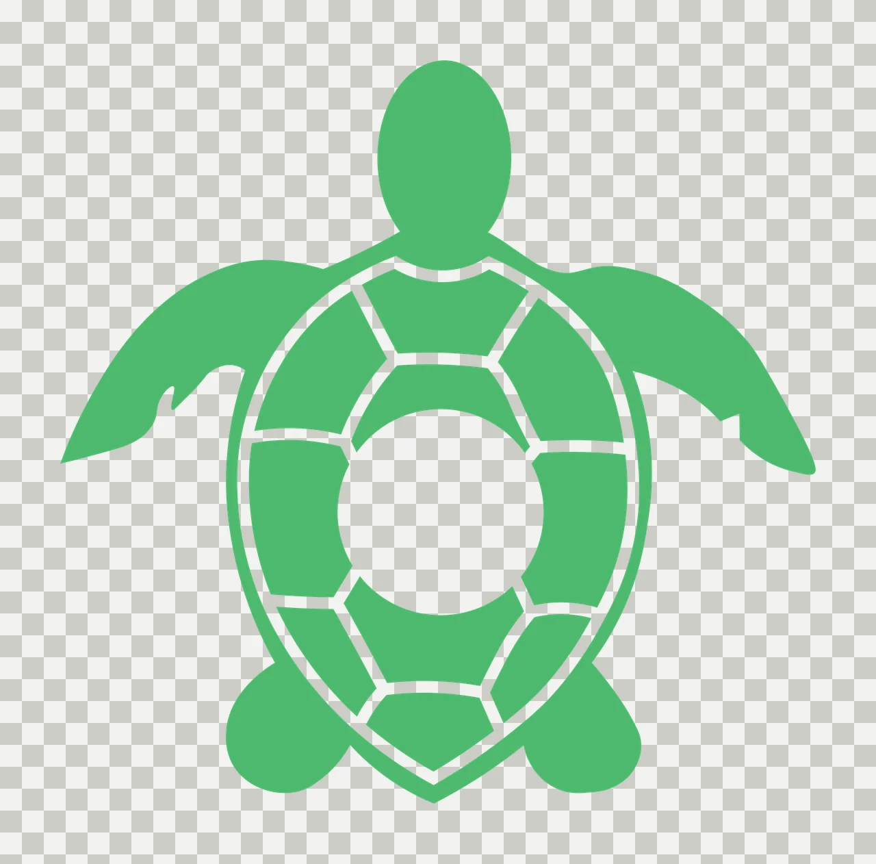 Silhouette Design of sea turtle with white geometric shell pattern, central circle, flippers and head in green transparency and detail preview thumbnail