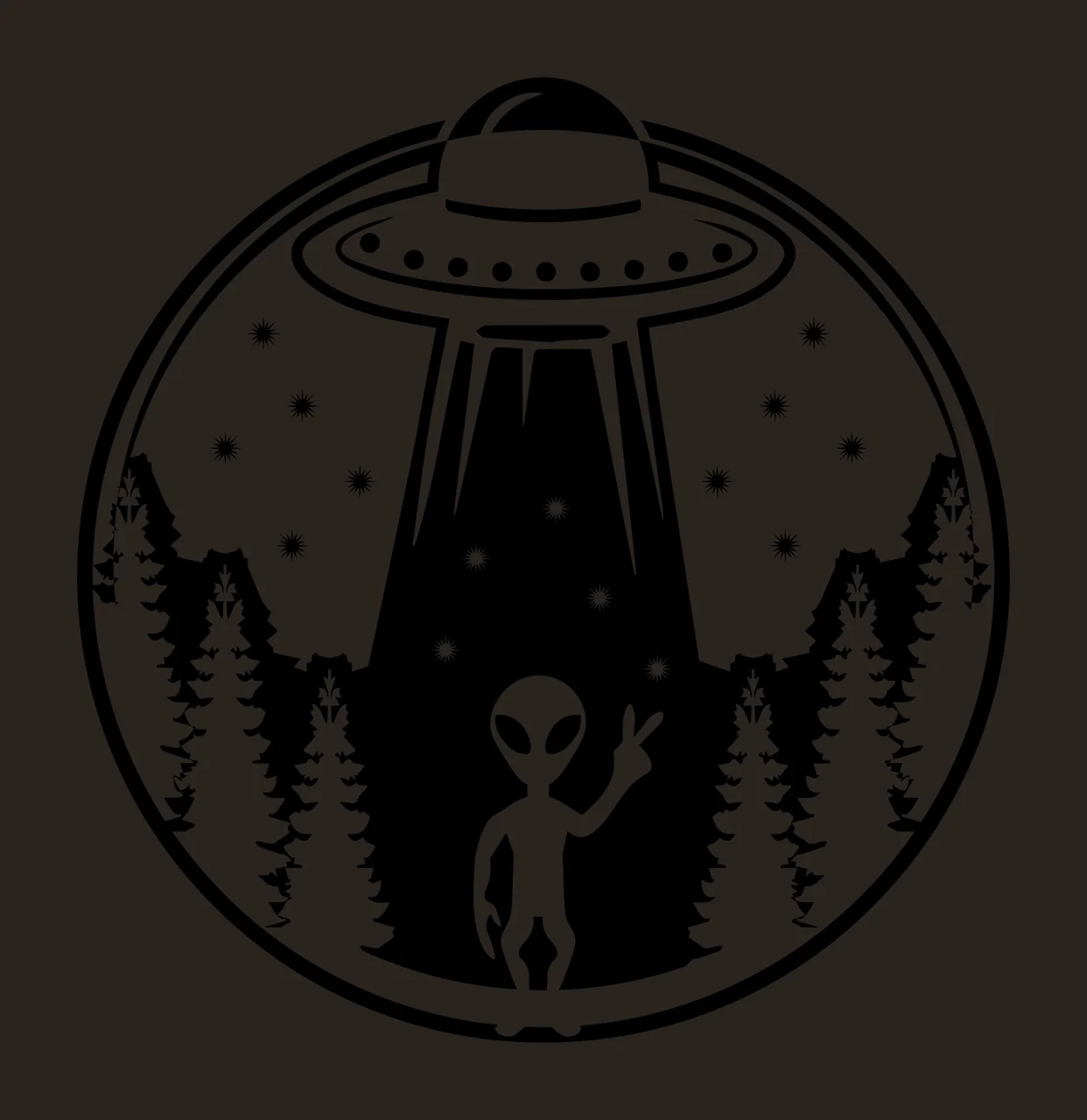 Alien Waving In Front Of Spaceship trees stars black white contrast preview thumbnail