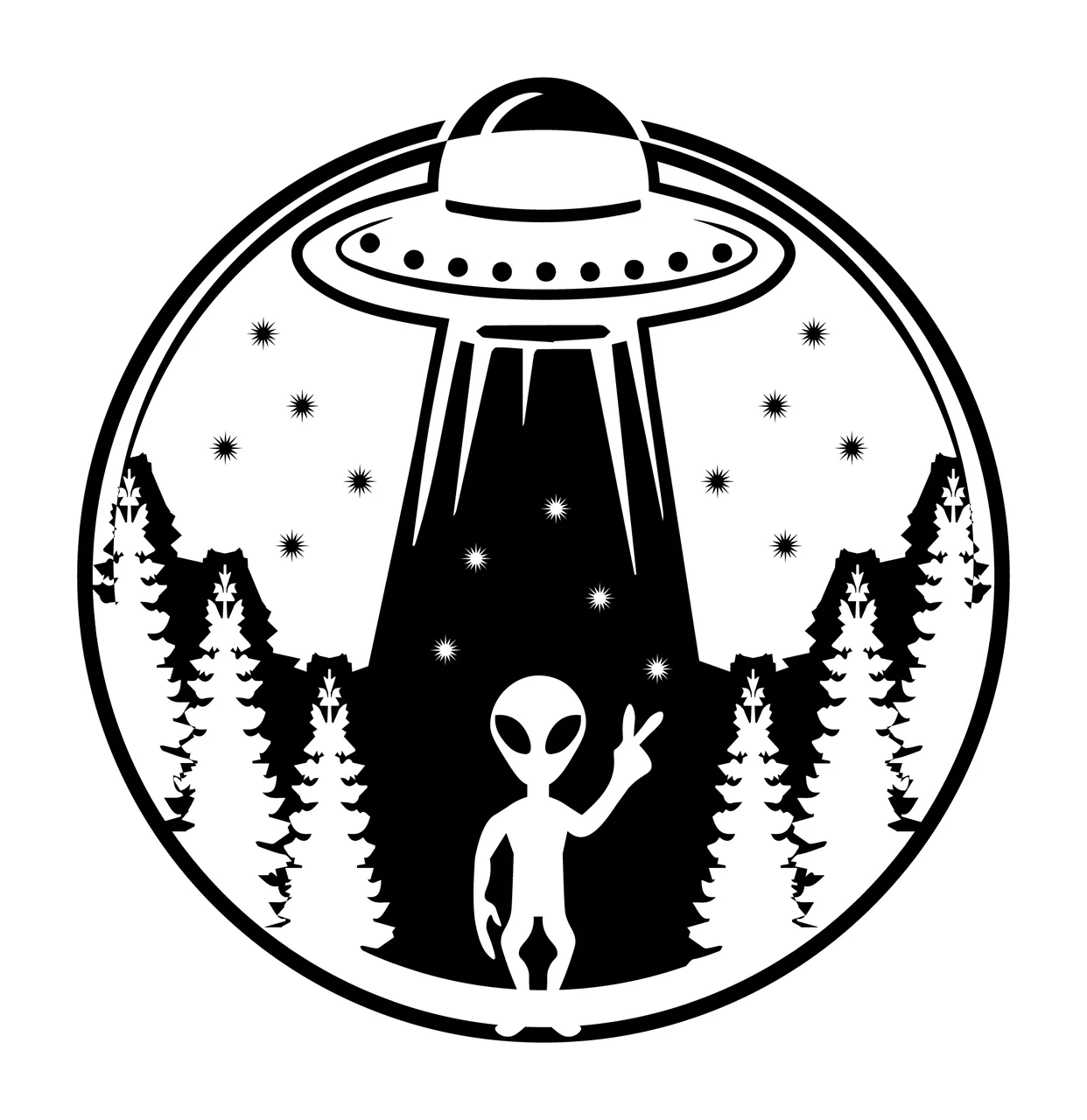Alien Waving In Front Of Spaceship trees stars black white