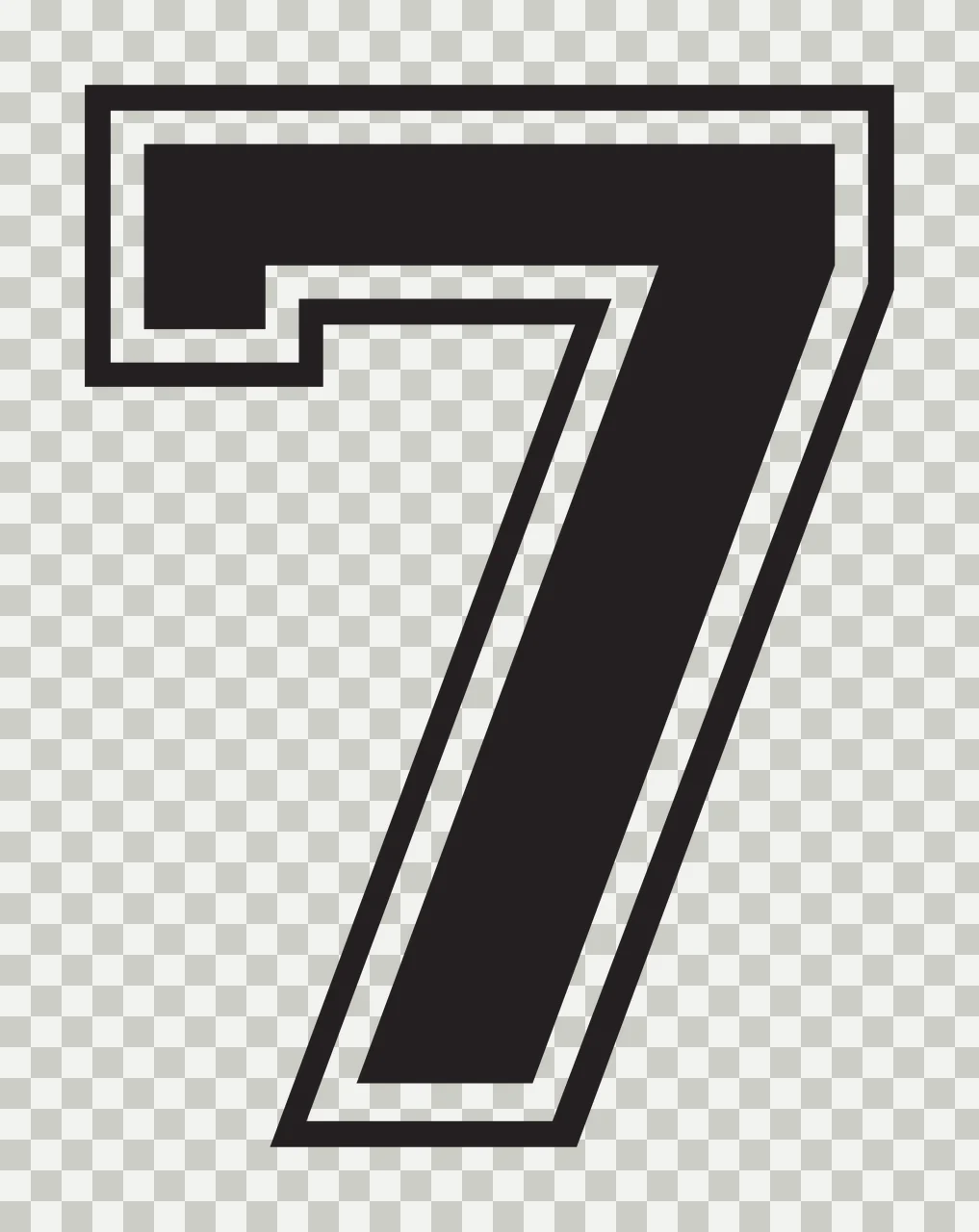 7 Number Design with double outline, block font, varsity and athletic in black and white transparency and detail preview thumbnail