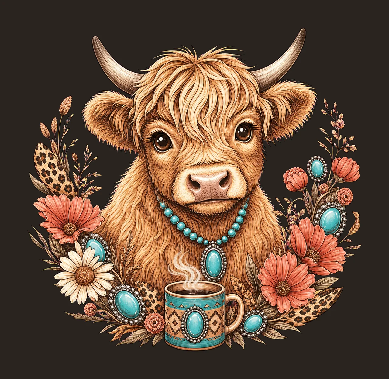 Highland Cow Leopard Bow Coffee sublimation Variation B contrast preview thumbnail