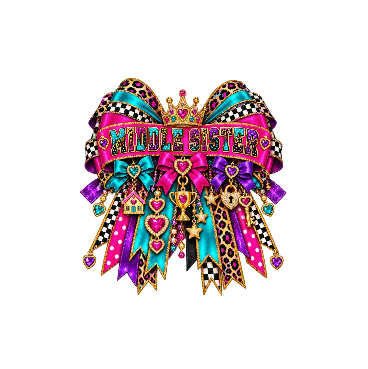 Middle Sister Bow Charm PNG, Patterned Coquette Bow Clipart, Transparent Sublimation Digital Download