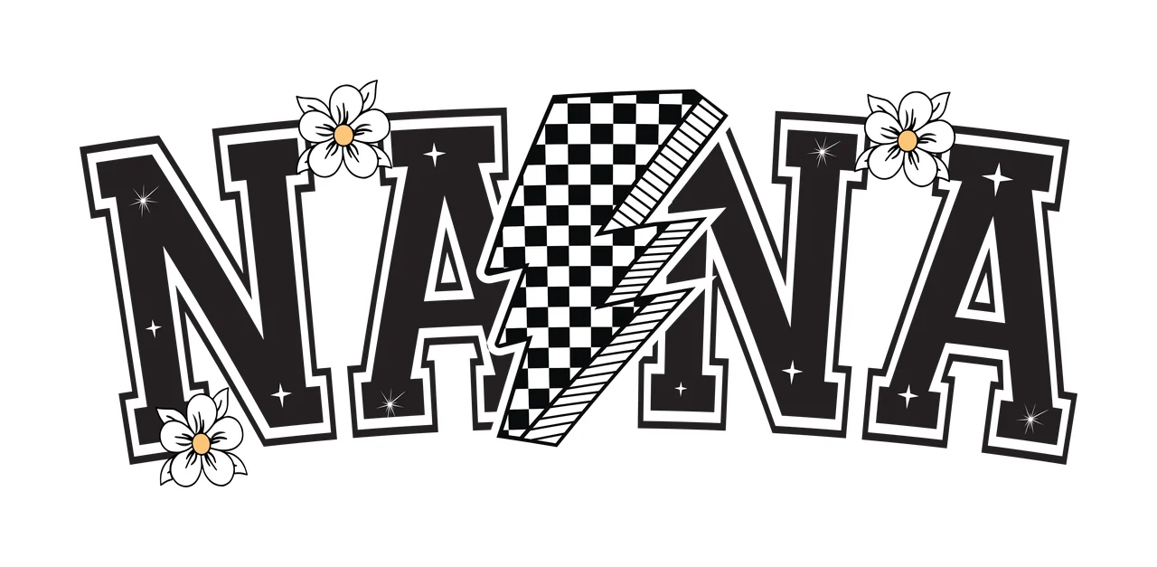 Nana Text With Lightning Bolt Display flowers black white typography