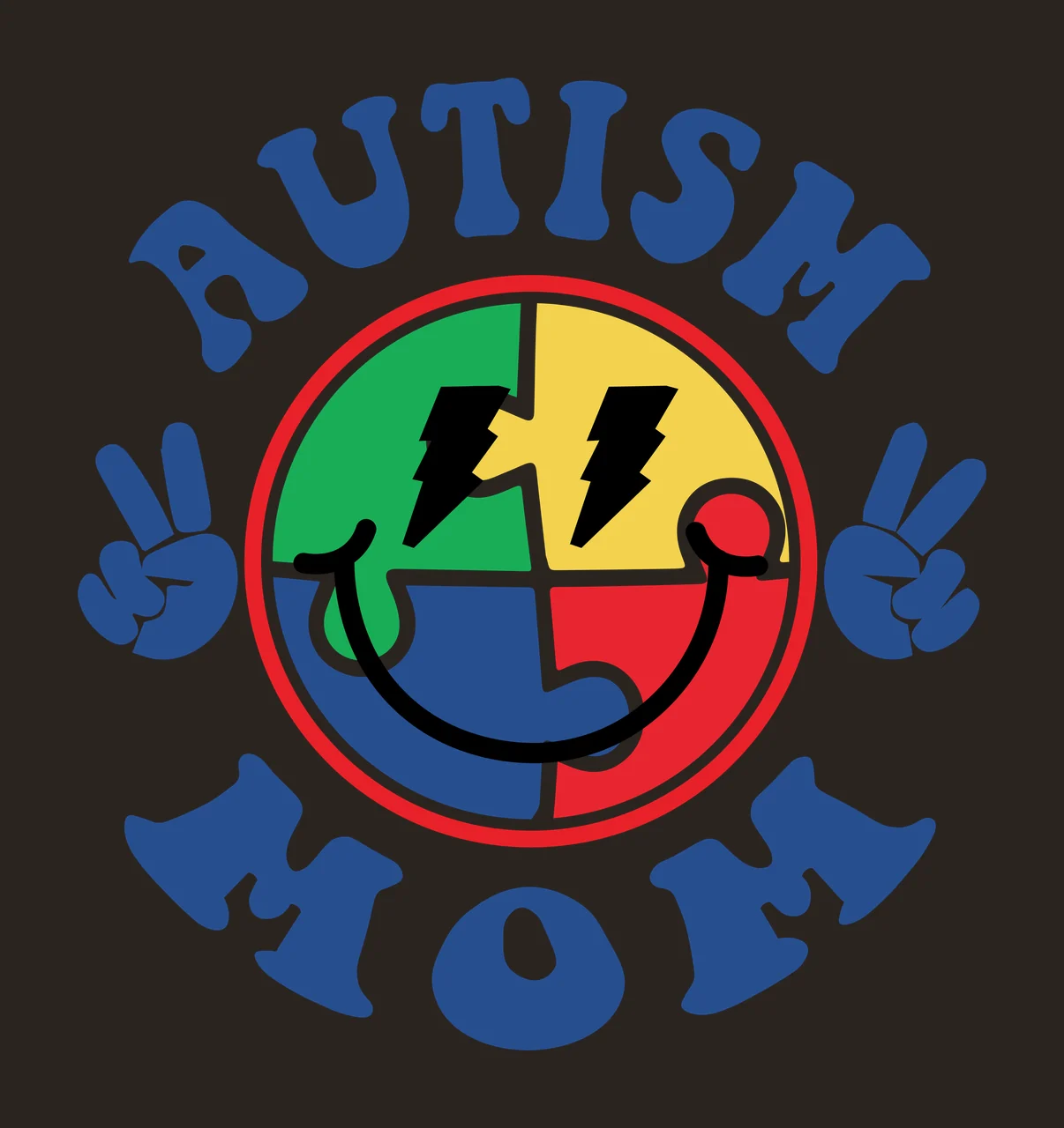 AUTISM MOM autism awareness Design with puzzle piece smiley face, lightning bolt eyes, peace sign hands and curved typography in blue, red and green contrast preview thumbnail