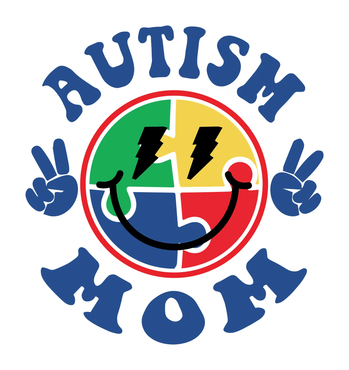 AUTISM MOM autism awareness Design with puzzle piece smiley face, lightning bolt eyes, peace sign hands and curved typography in blue, red and green